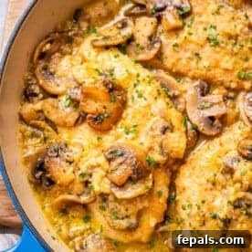 Golden Pan-Seared Chicken Medallions 9 chicken and mushrooms in a skillet in a lemony sauce.