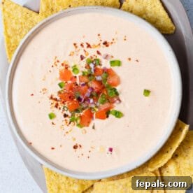 Effortless Cinco De Mayo Feast 17 top view of queso dip made with cottage cheese in a bowl topped with pico de galo and surrounded by tortilla chips