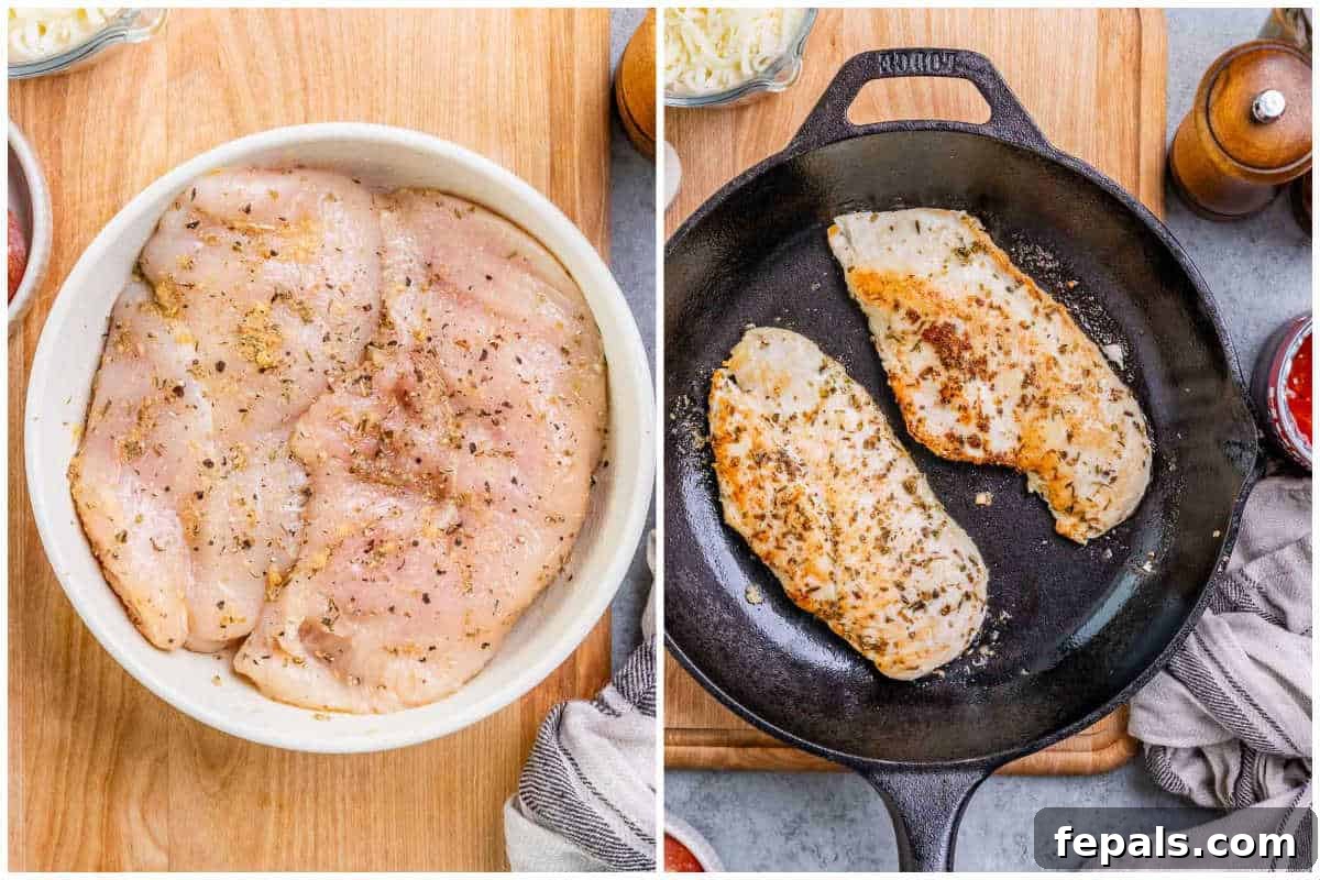 Homestyle Chicken Pizzaiola 4 Process shot showing chicken breasts being seasoned and then seared in an oven-safe skillet until golden.