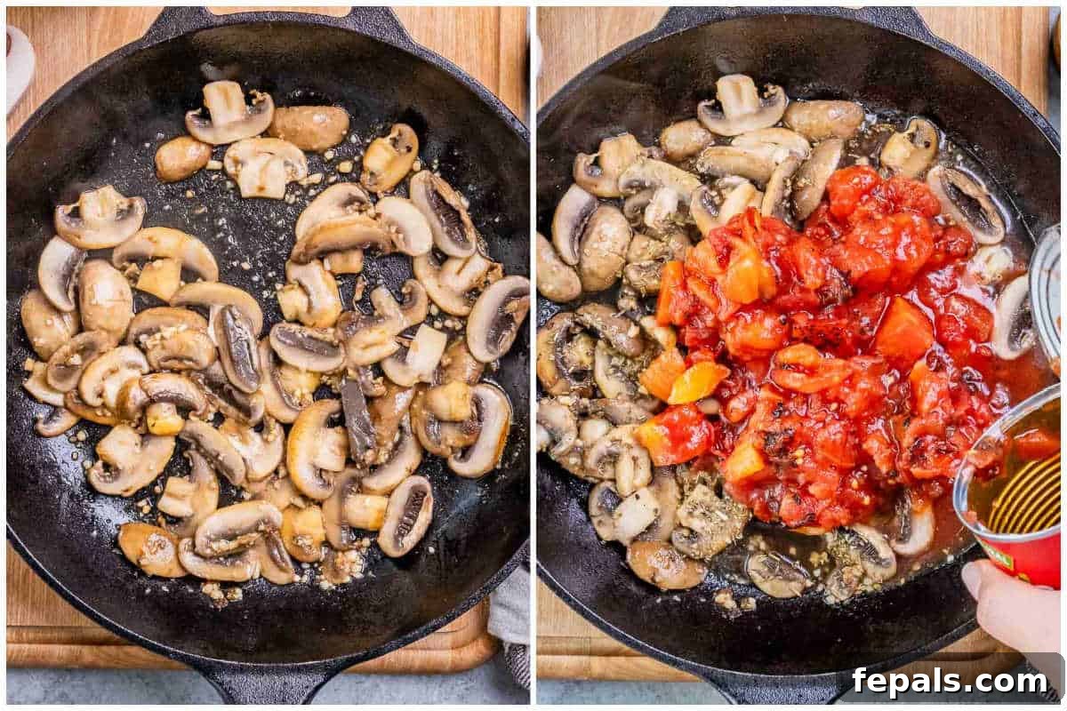 Homestyle Chicken Pizzaiola 5 Process shot showing mushrooms being cooked in a pan, followed by the addition of canned chopped fire-roasted tomatoes to create the rich pizzaiola sauce.