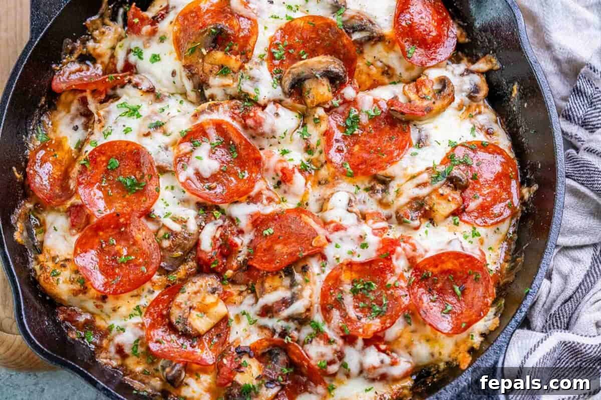 Homestyle Chicken Pizzaiola 6 Cooked chicken breasts topped with perfectly melted mozzarella cheese and crispy pepperoni, served hot in a skillet.