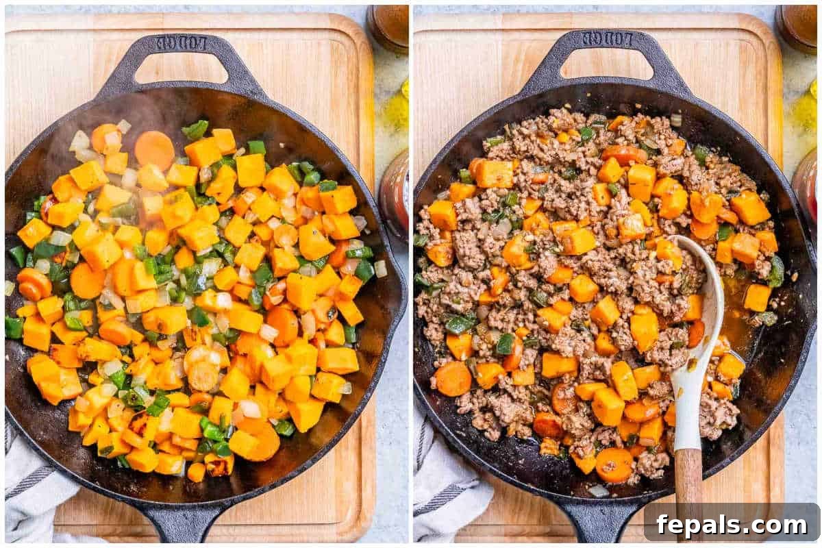 Hearty Mexican Picadillo 4 A process shot showing various diced vegetables like onions, carrots, sweet potatoes, and poblano pepper sautéing in a large skillet with olive oil.