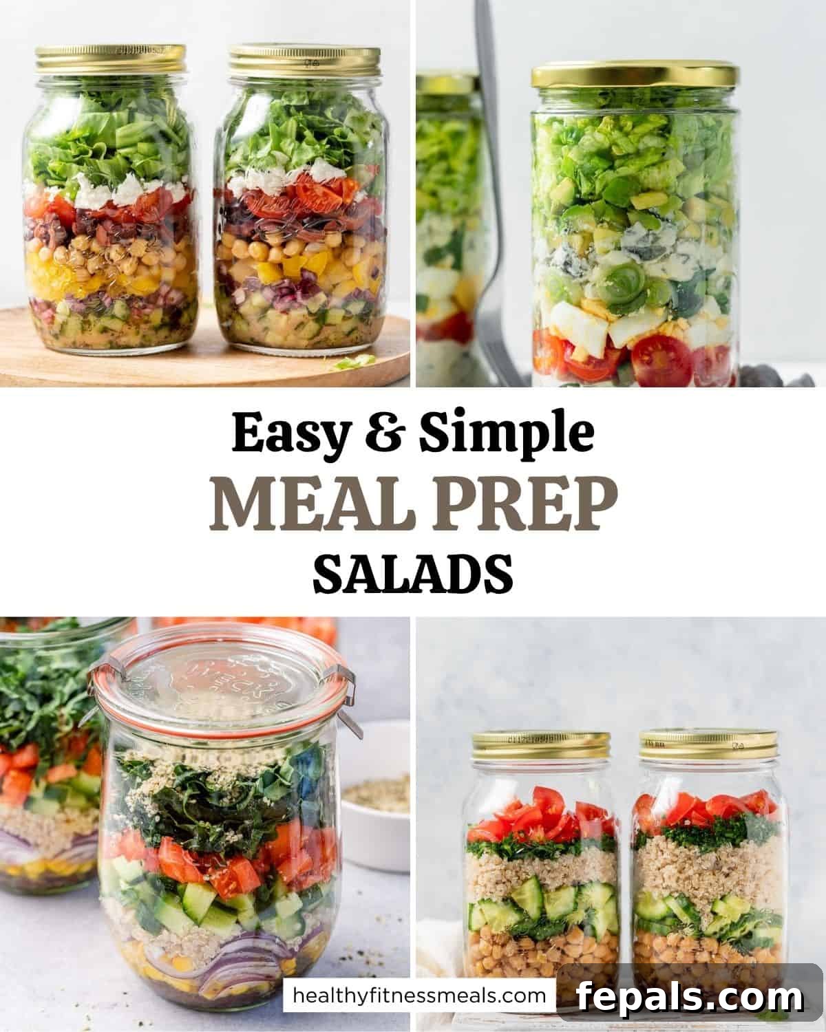 Collage of four vibrant meal prep salads in containers, showcasing fresh ingredients and colorful compositions.