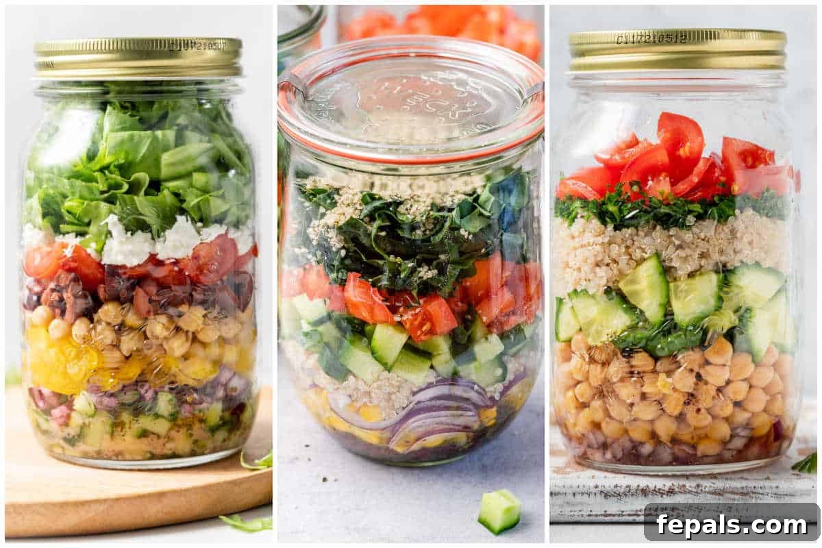 A visually appealing collage featuring three different types of layered meal prep salad jars, perfect for inspiration.