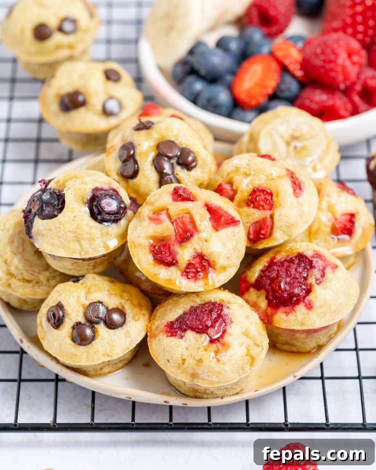 A vibrant plate of mini pancake muffins topped with an assortment of fresh berries, ready to be enjoyed.