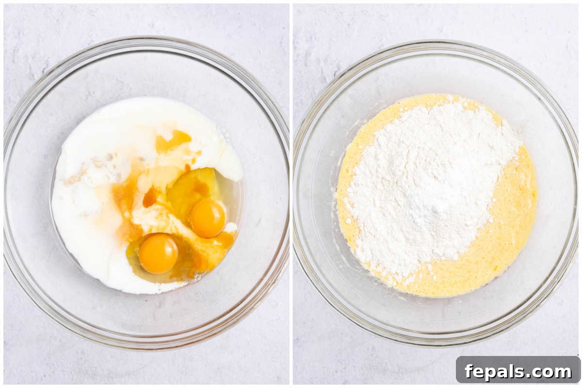 Process shot showing a bowl filled with mashed banana, eggs, vanilla extract, coconut oil, and milk, ready to be mixed for the pancake muffin batter.