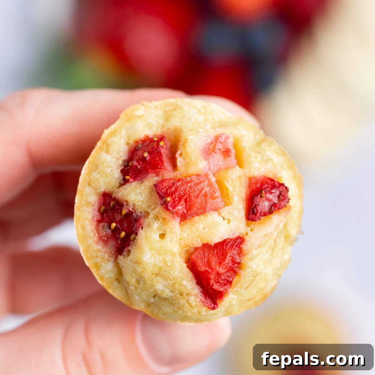 A hand gently holding a single, perfectly golden mini muffin, showcasing its inviting texture and bite-sized appeal.