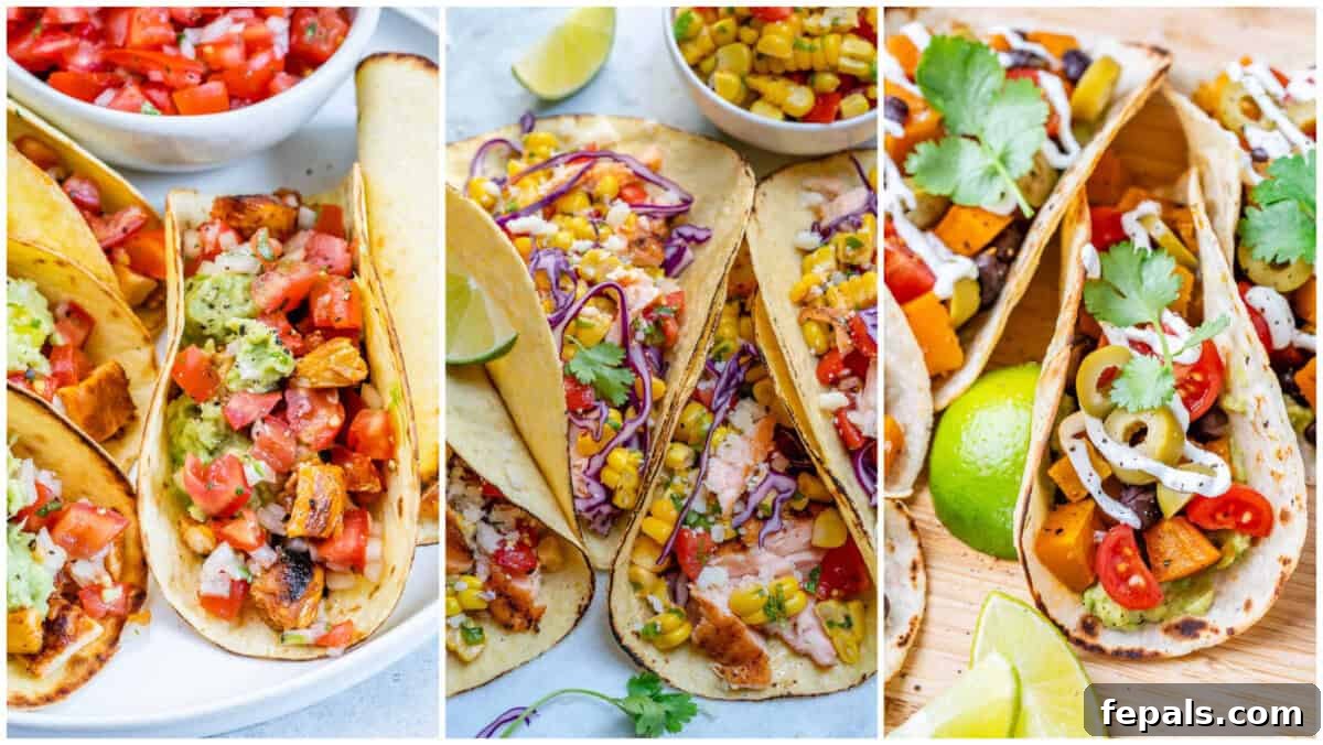 A creative collage showcasing three distinct and mouth-watering taco images, highlighting the versatility and appeal of various taco recipes.