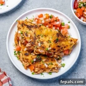 Top-down view of a round white plate holding two irresistible chicken birria tacos, garnished and ready to eat.
