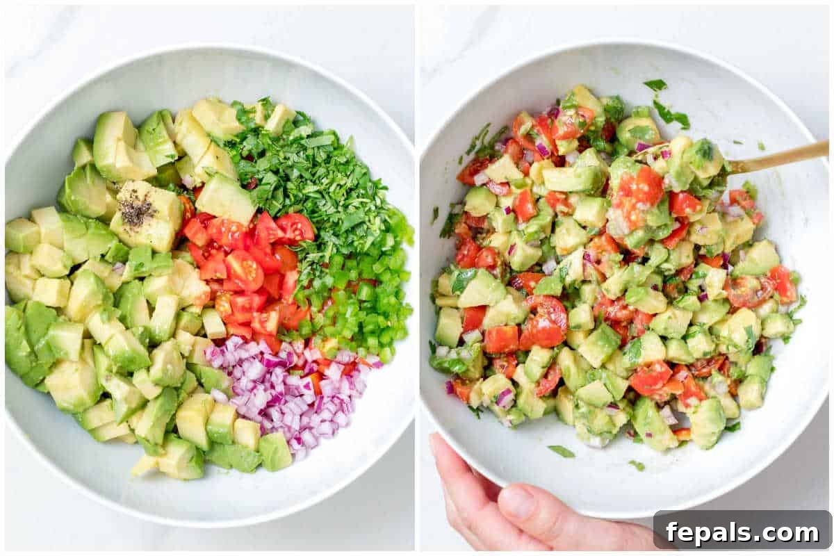 A process shot showing all the diced avocado salsa ingredients being added into a large mixing bowl.