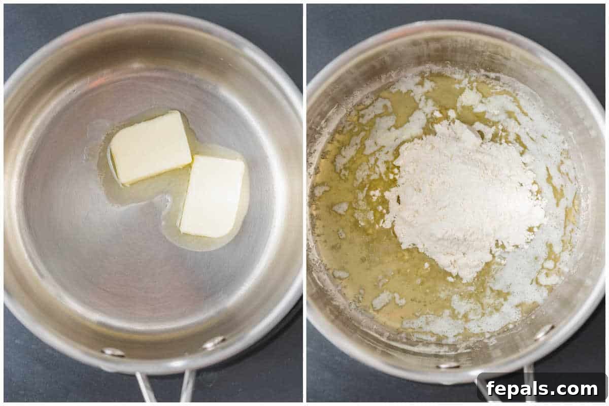 The initial step of making Bechamel sauce, showing butter melting in a medium pot over medium heat, preparing for the flour addition.