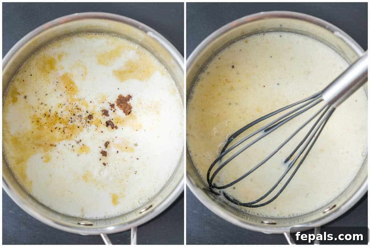 Seasonings being added to the thickening Bechamel sauce in a pan, illustrating the final flavor adjustments.