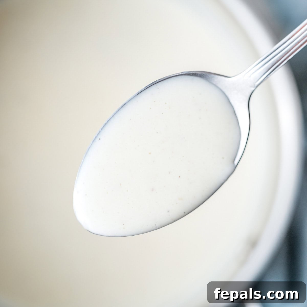 A close-up of a spoonful of creamy Bechamel sauce, showcasing its smooth and rich texture.