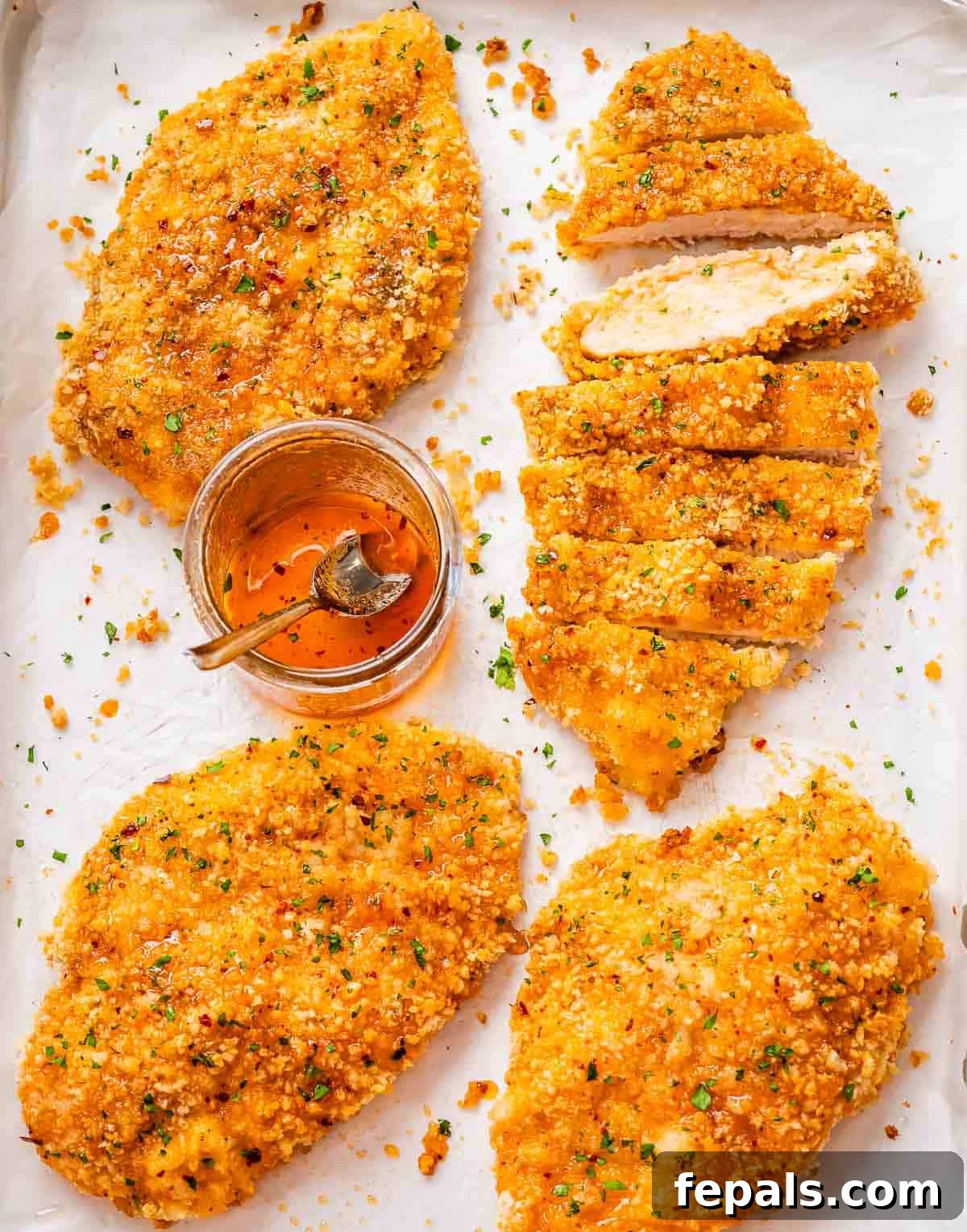 Crispy honey chicken cutlets baked on a tray with a jar of hot honey sauce.