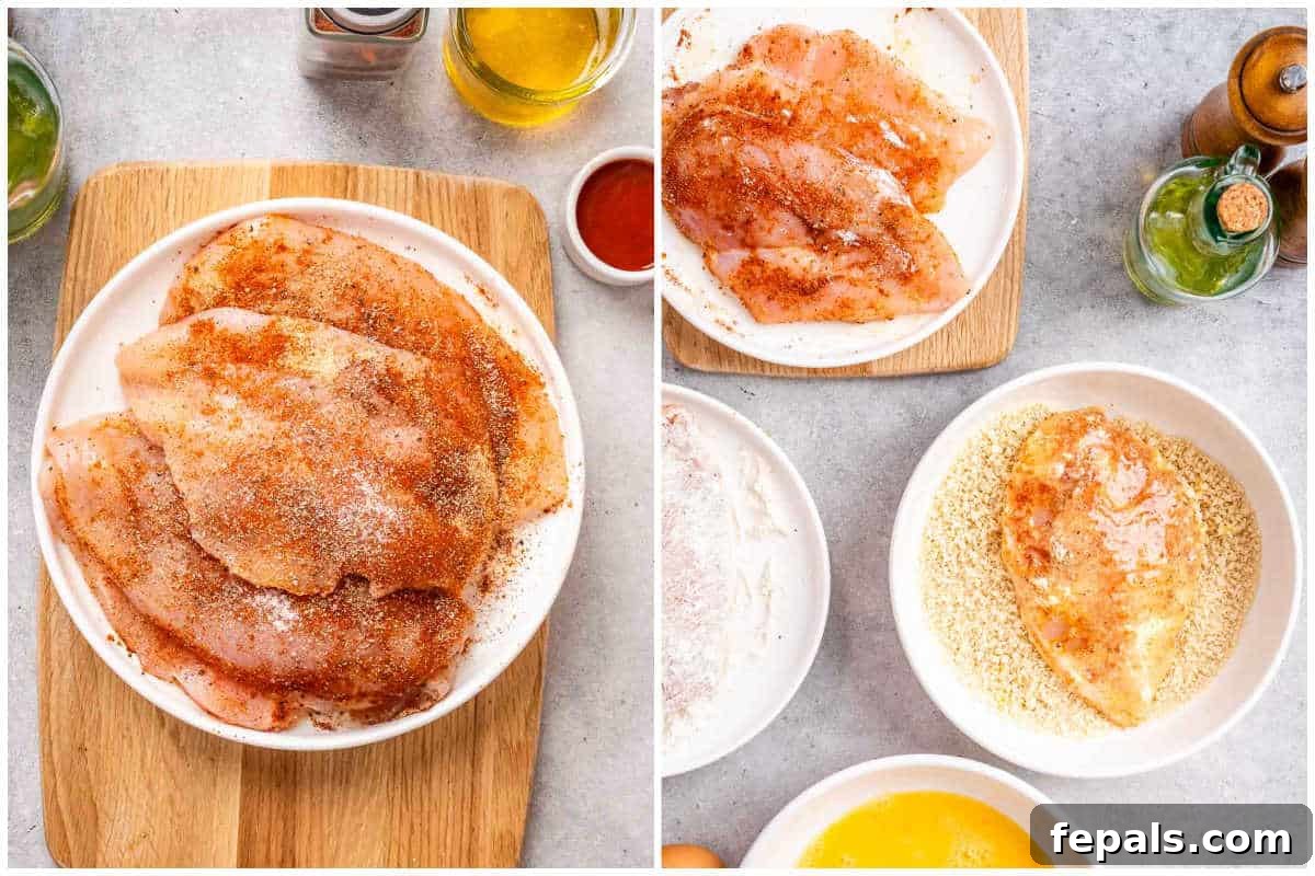 process shot to season the chicken breast and coating it with breadcrumbs.