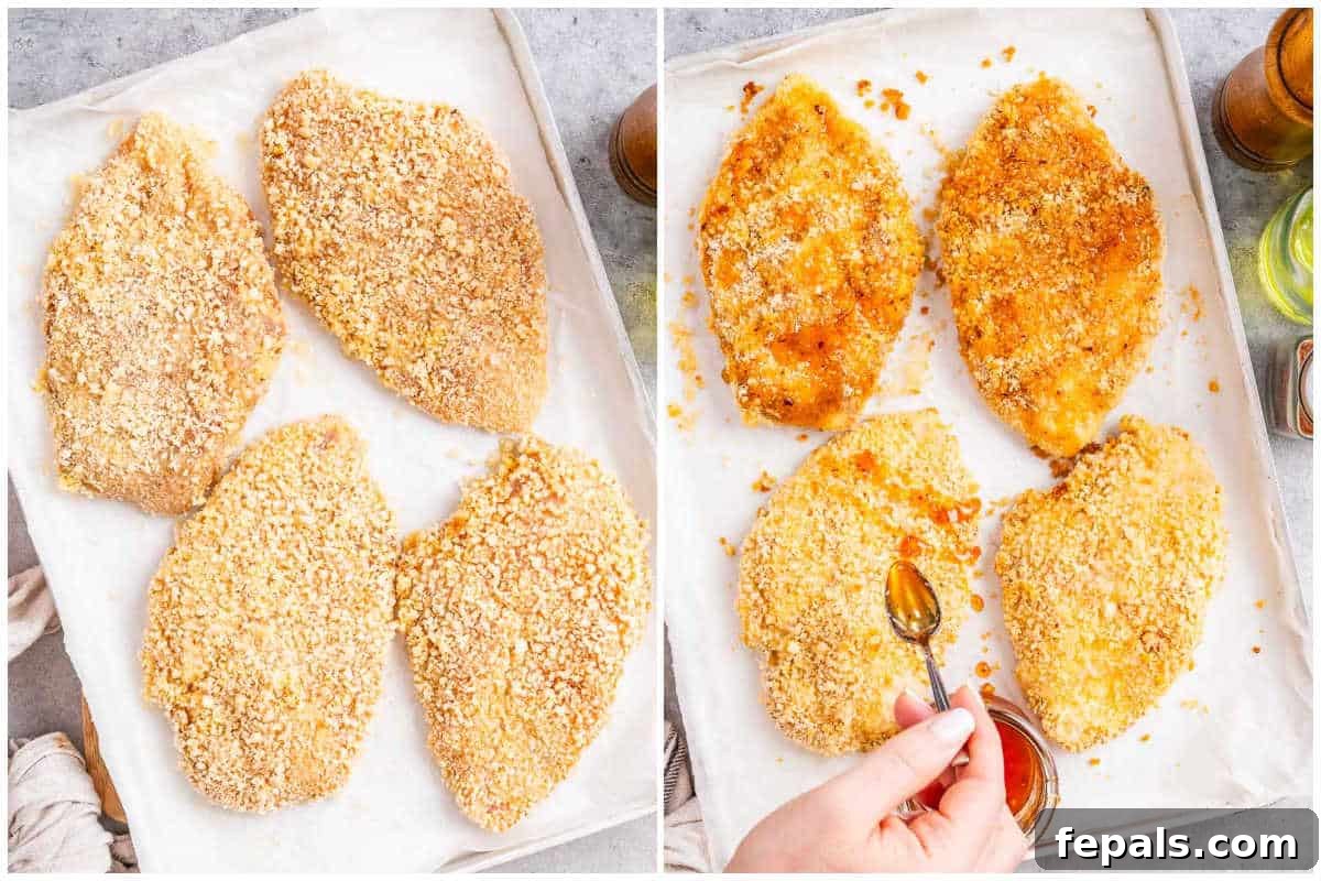 process shot of breading the chicken, baking, and adding hot honey sauce over it.