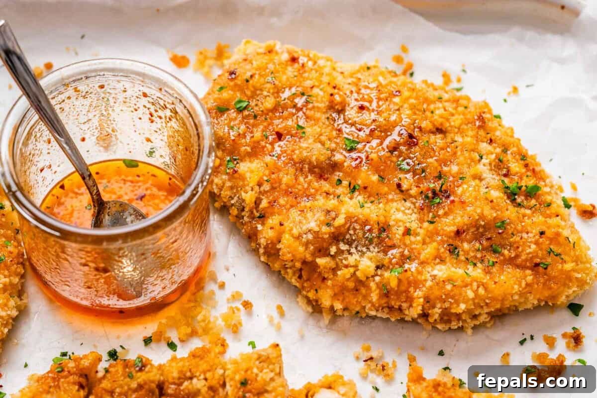 crispy baked chicken bread on a pan with hot honey glaze in a jar.
