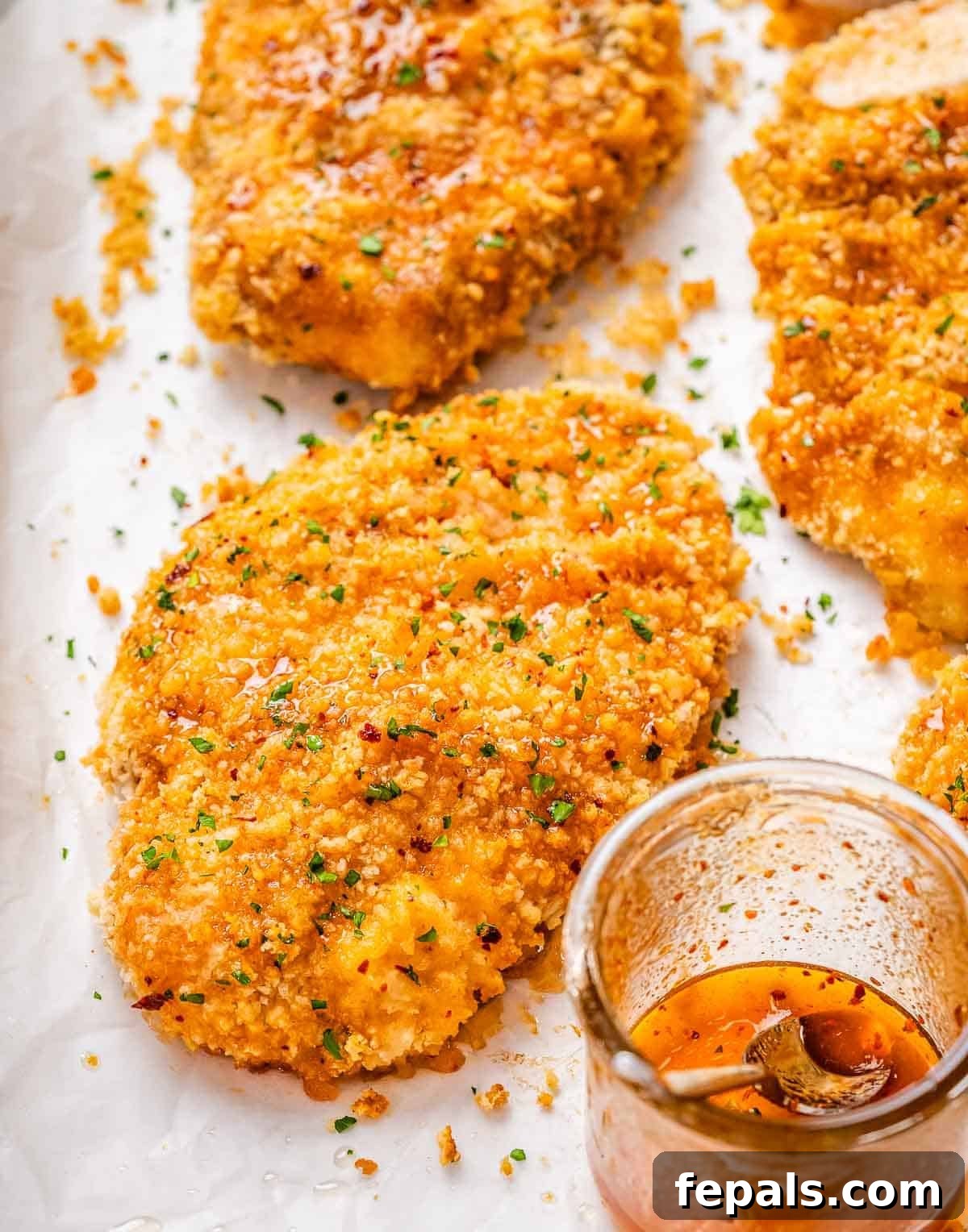 A tray with baked crispy honey chicken.