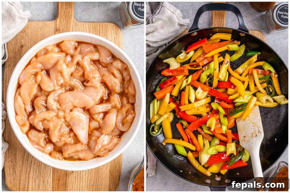 Authentic Hunan Chicken Recipe: Spicy Stir-Fry with Peppers 4 process shot to marinate the chicken and cooking the veggies in a pan.