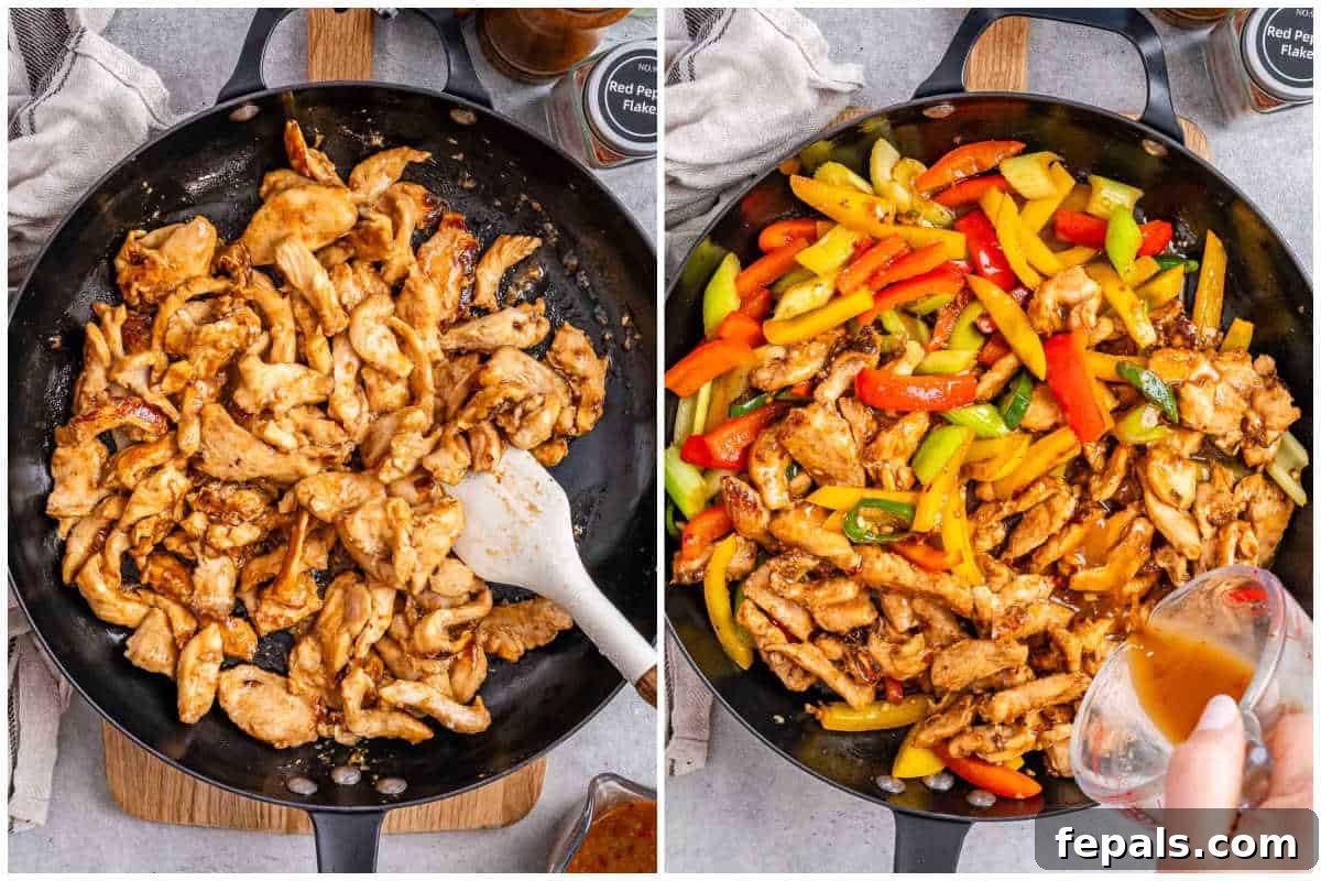 Authentic Hunan Chicken Recipe: Spicy Stir-Fry with Peppers 5 process shot to cook the chicken and adding the veggies and sauce in the pan.