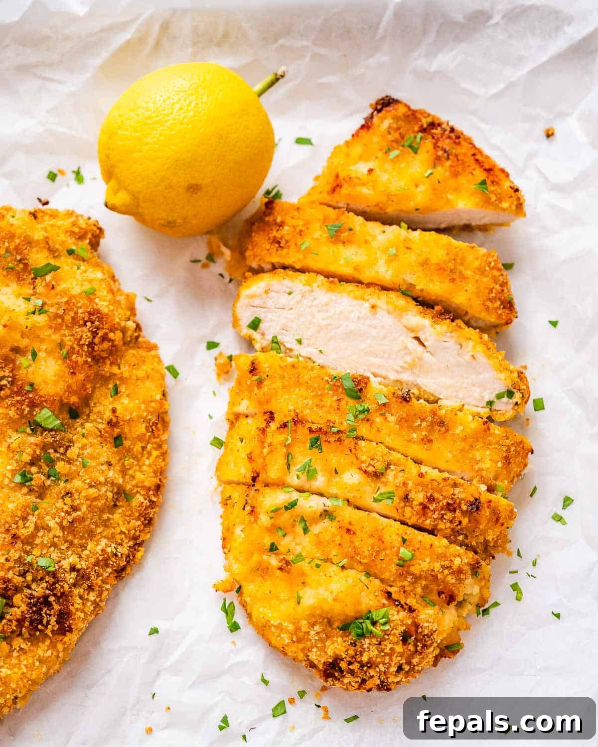Perfectly golden and crispy homemade shake and bake chicken breast on a baking sheet with a lemon wedge.
