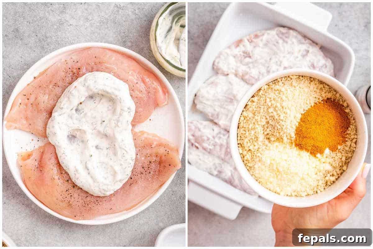 A two-part image showing the ranch marinade being mixed and the panko breadcrumb mixture being prepared.