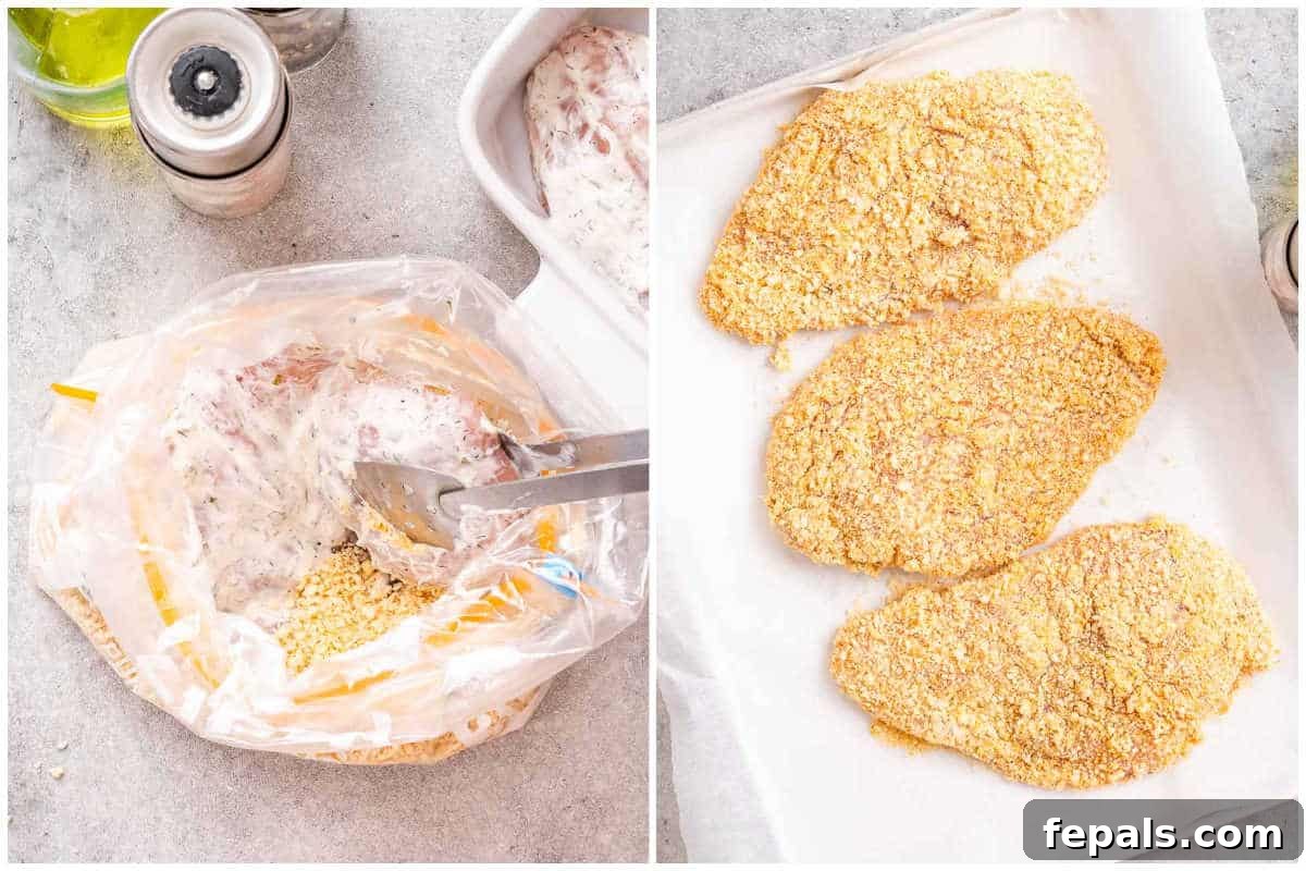 A process shot showing the chicken being coated first in the ranch mixture, then shaken in the breadcrumb bag.