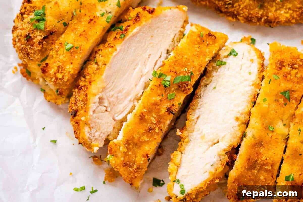 Sliced crispy shake and bake chicken revealing a juicy interior.