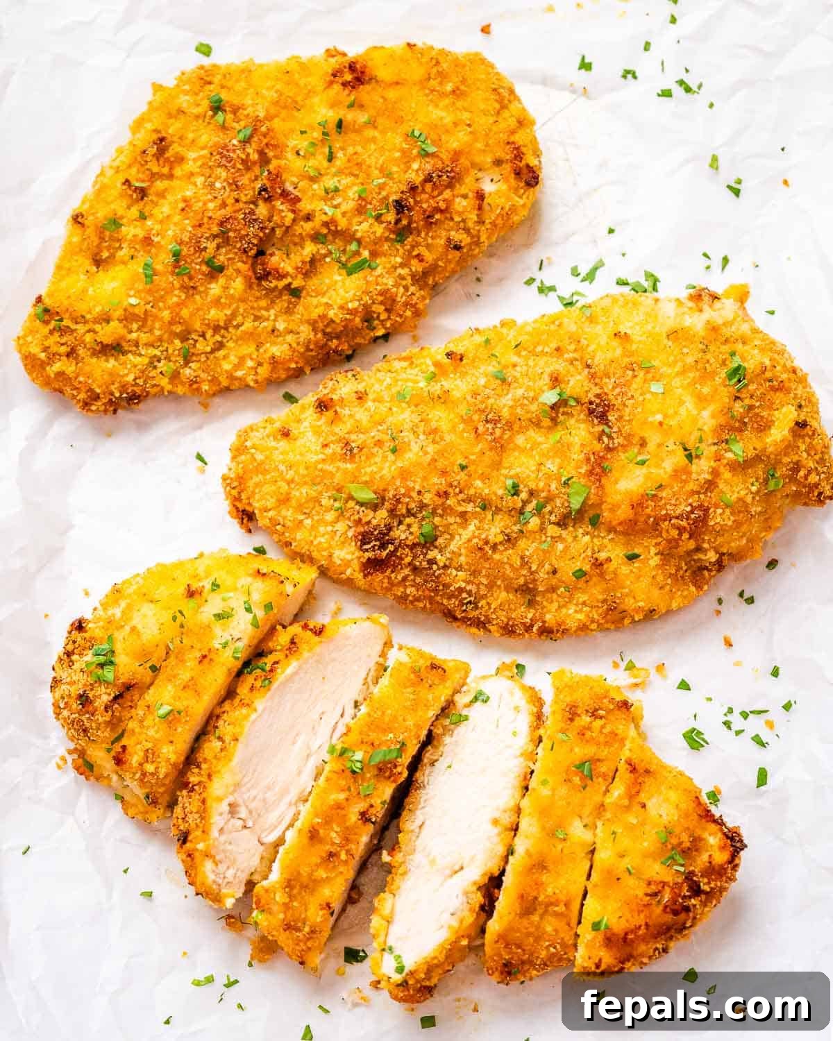 Three pieces of crispy baked chicken, one of which is sliced to show the inside.