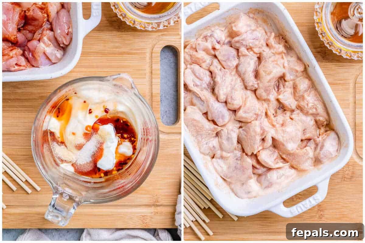 Firecracker Chicken Skewers 4 A two-panel image showing the sauce being mixed and the chicken marinating in the sauce.