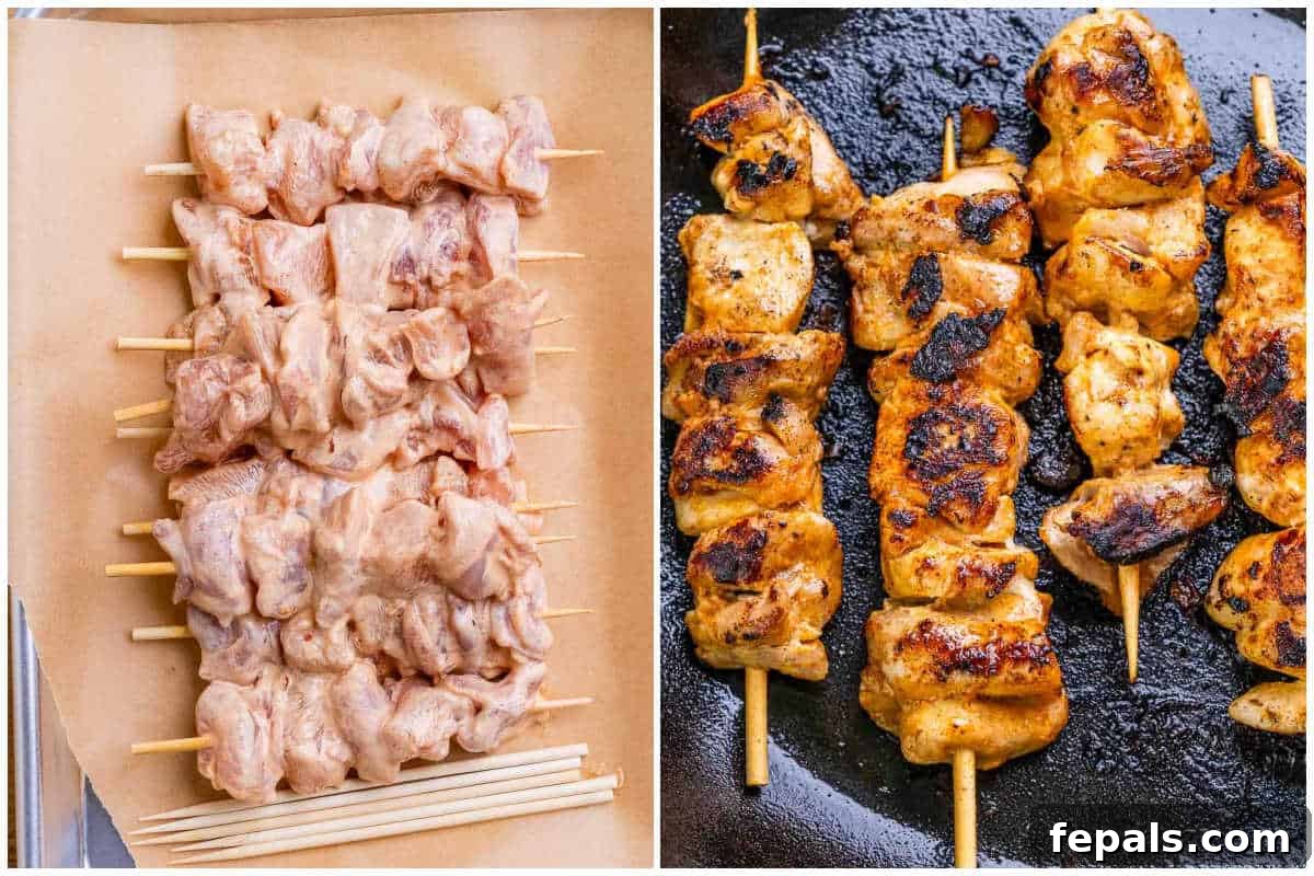 Firecracker Chicken Skewers 5 A two-panel image showing the chicken being threaded onto skewers and then being cooked in a grill pan.