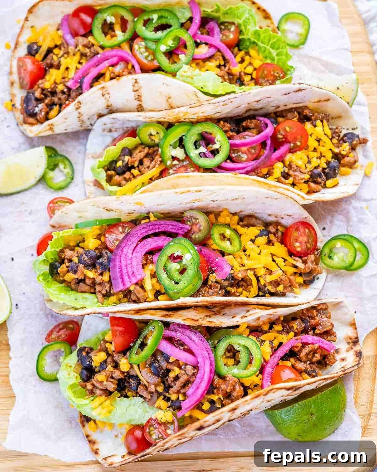 tacos laid out next to each other on a cutting board.