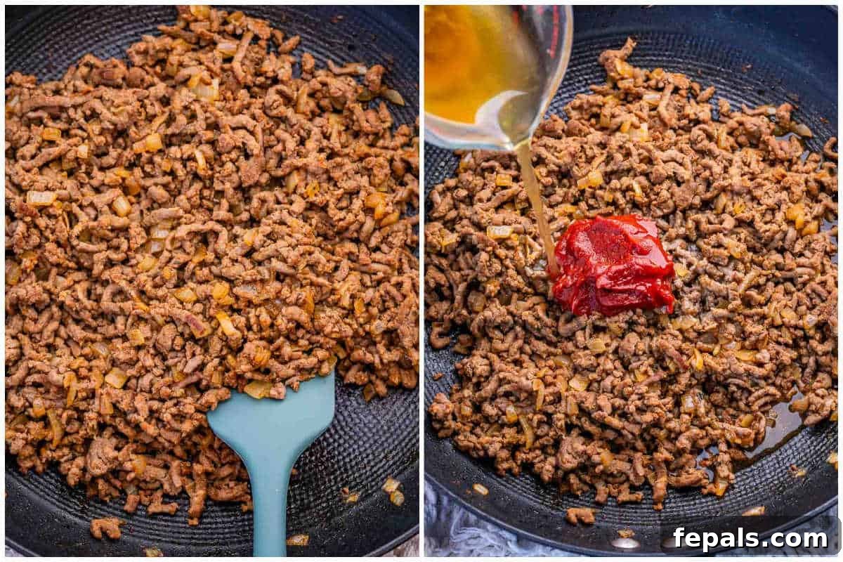 process shot to brown the ground beef and adding tomato paste and broth.