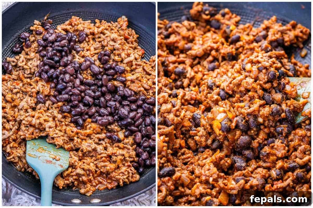 process shot to add the black beans and cooking it with the ground beef.