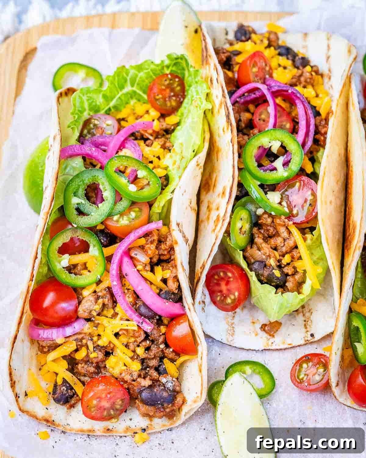 taco filled with ground beef and topped with sliced jalapenos, tomatoes, shredded cheese, and pickled onions.