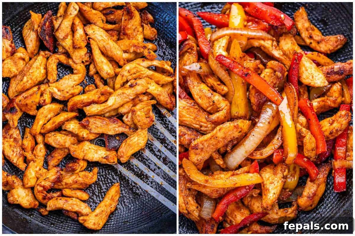 Chicken Fajita Rice Bowl with Peppers & Onions 4 process shot to cook the chicken in pan and then cooking with the peppers and onion.
