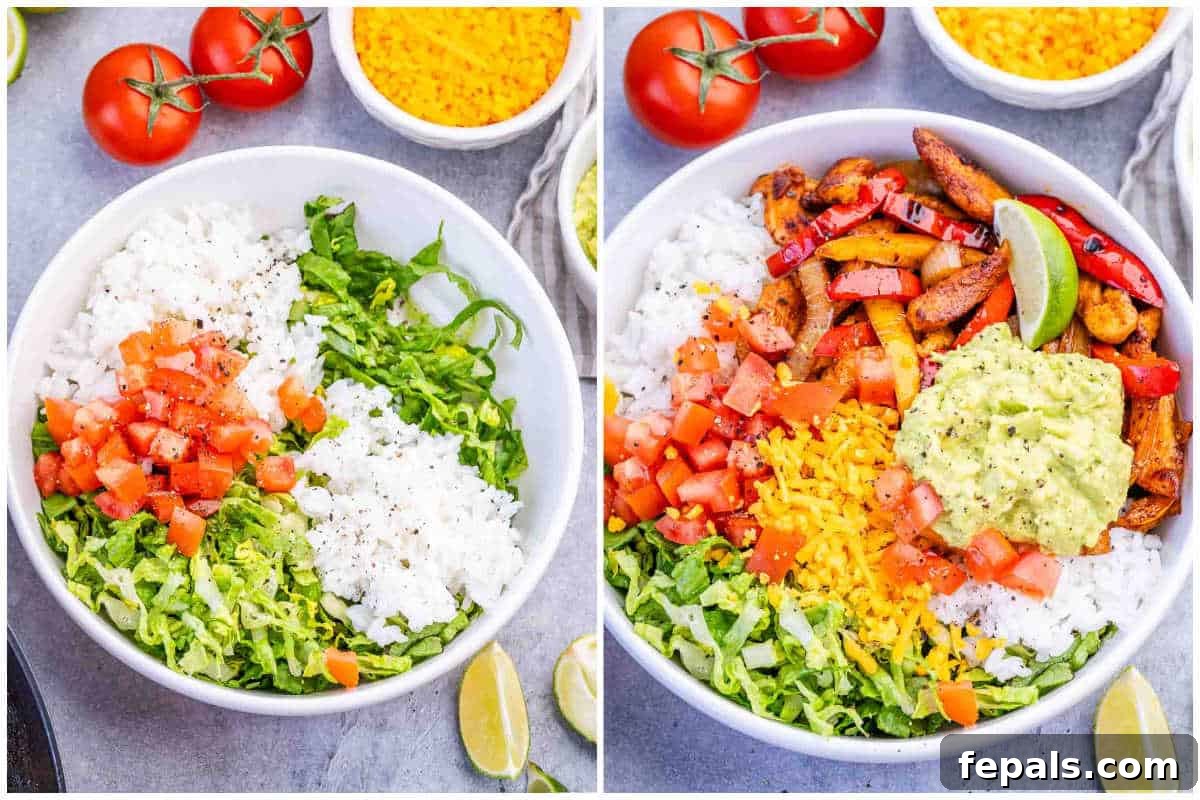Chicken Fajita Rice Bowl with Peppers & Onions 5 process shot to assemble the chicken fajita bowl.