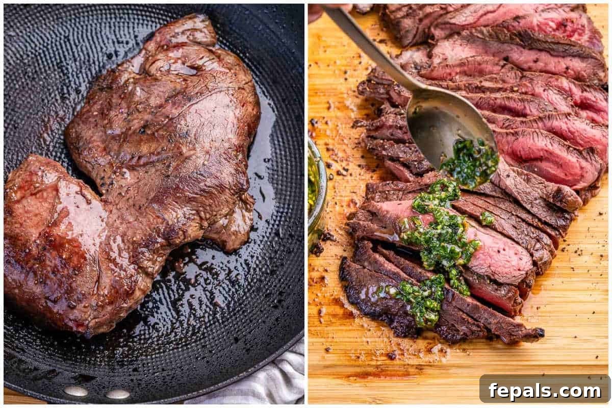 30-Minute Grilled Steak with Fresh Chimichurri Sauce 4 process shot to cook the steak in the pan and topping with chimichurri sauce.