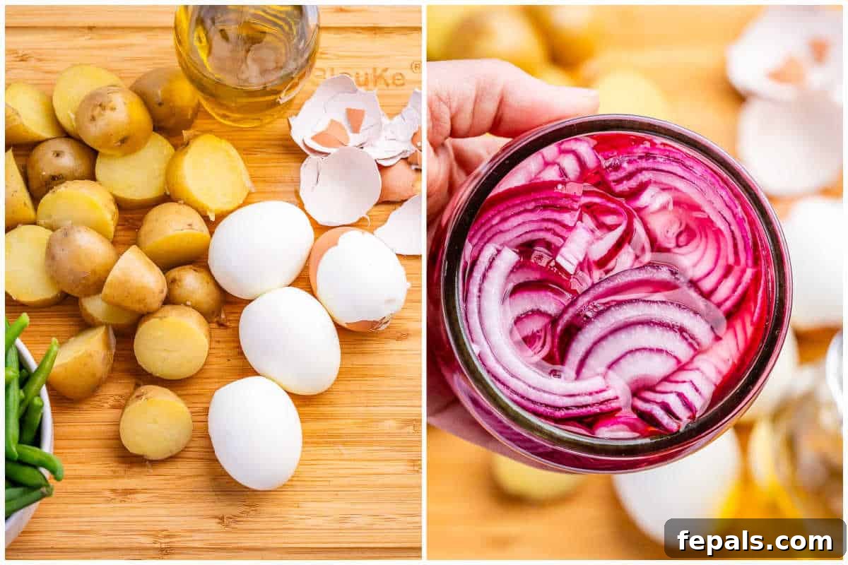 process shot to boil potatoes and eggs and prep it.
