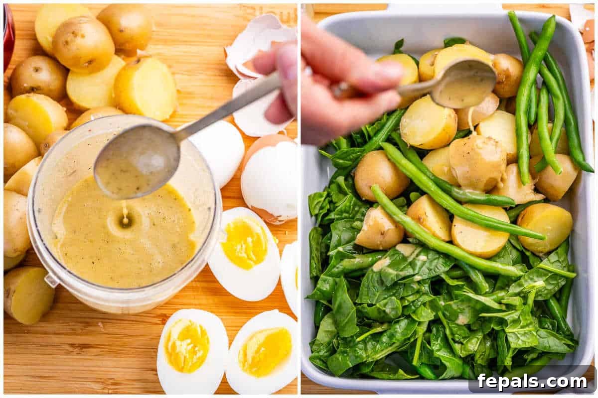 process shot to make the vinaigrette and adding over the beans potatoes and eggs in a dish. 
