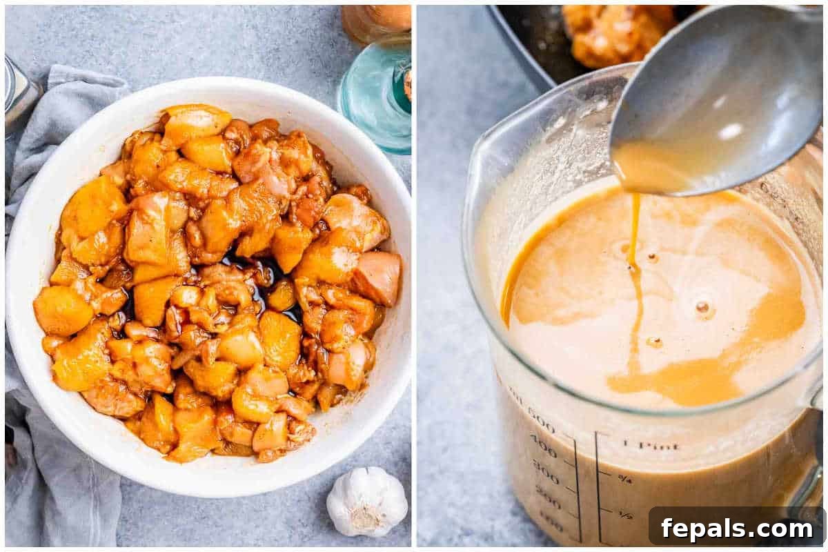 process shot to marinate the chicken and making the peanut butter sauce.