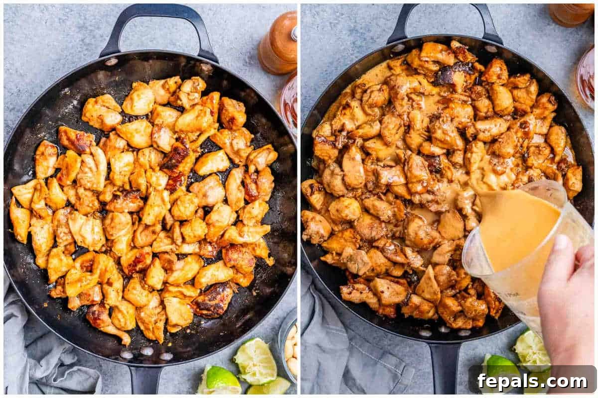 process shot to sear the chicken in the pan and then adding the peanut butter sauce over it to cook it in.