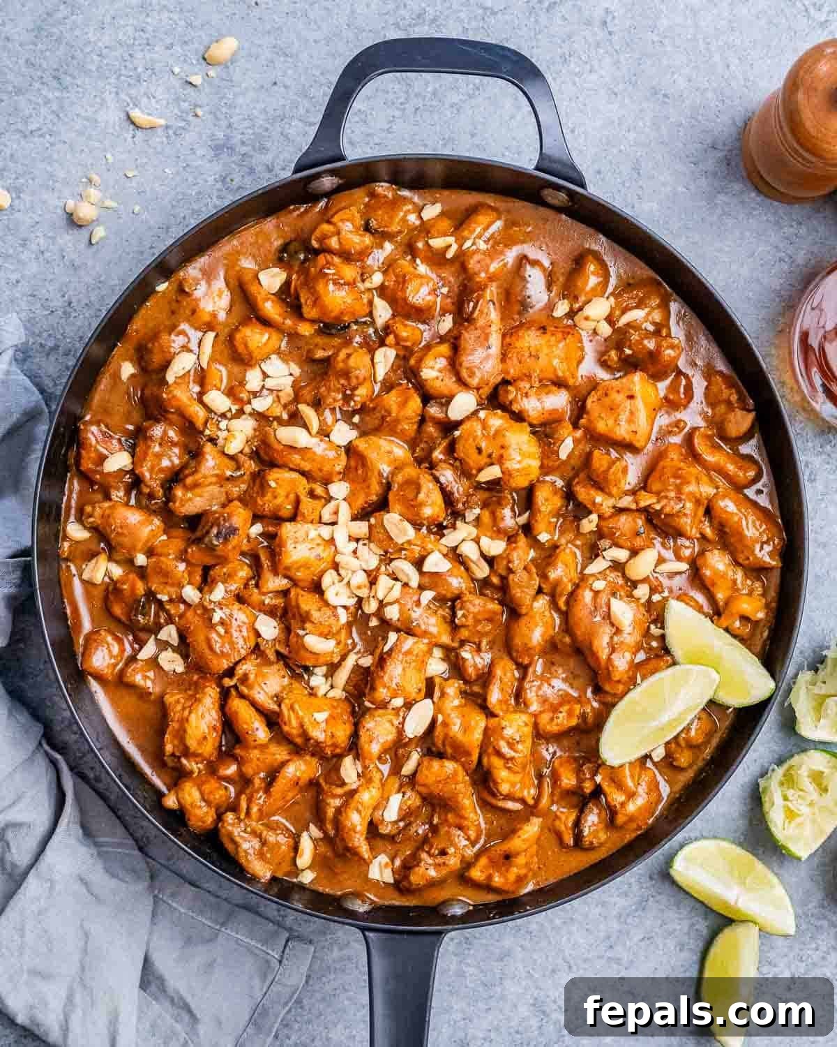 peanut butter chicken in a skillet.