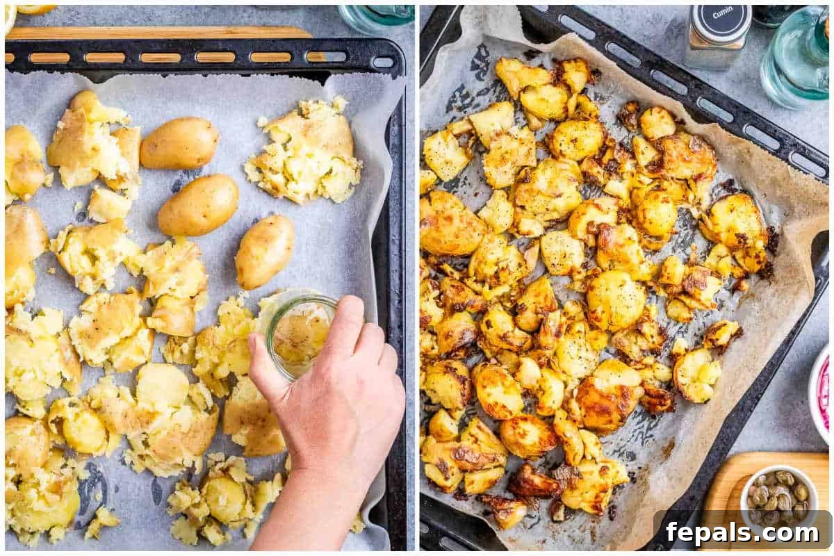 A process shot showing boiled potatoes on a baking sheet being smashed with a glass, then seasoned for roasting.