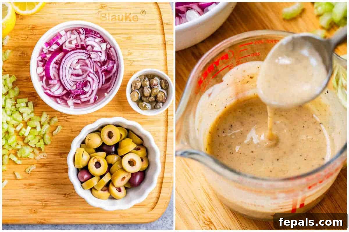 A collage showing fresh vegetables being chopped on a cutting board and the tahini dressing being whisked in a bowl.