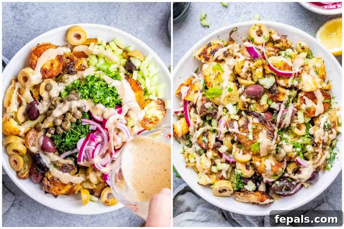 A final process shot showing the creamy dressing being drizzled over the bowl of smashed potatoes and other ingredients before serving.