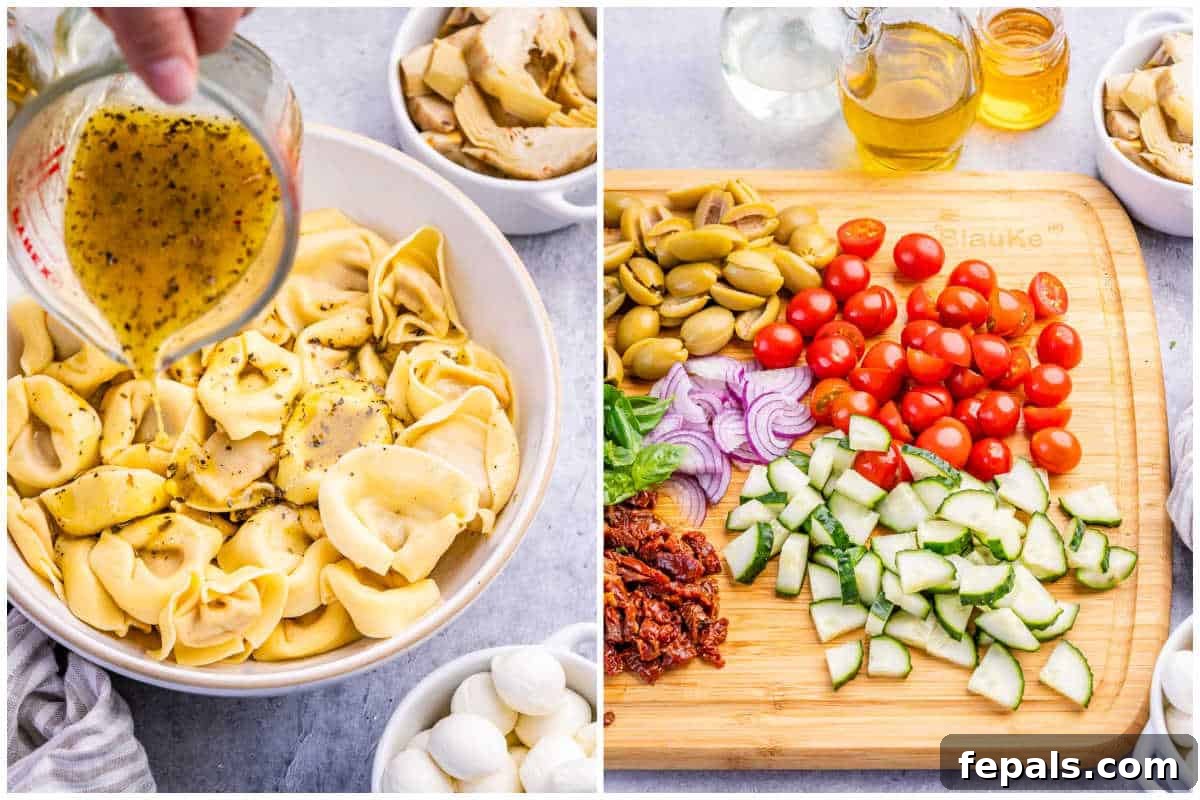 Zesty Italian Tortellini Toss 4 A two-panel image showing dressing being poured over tortellini and then chopped vegetables on a cutting board.