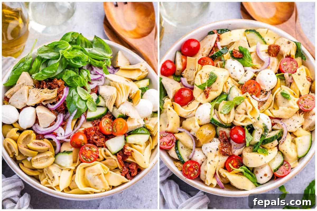 Zesty Italian Tortellini Toss 5 A two-panel image showing the salad ingredients being added to the bowl and then the final assembled salad.