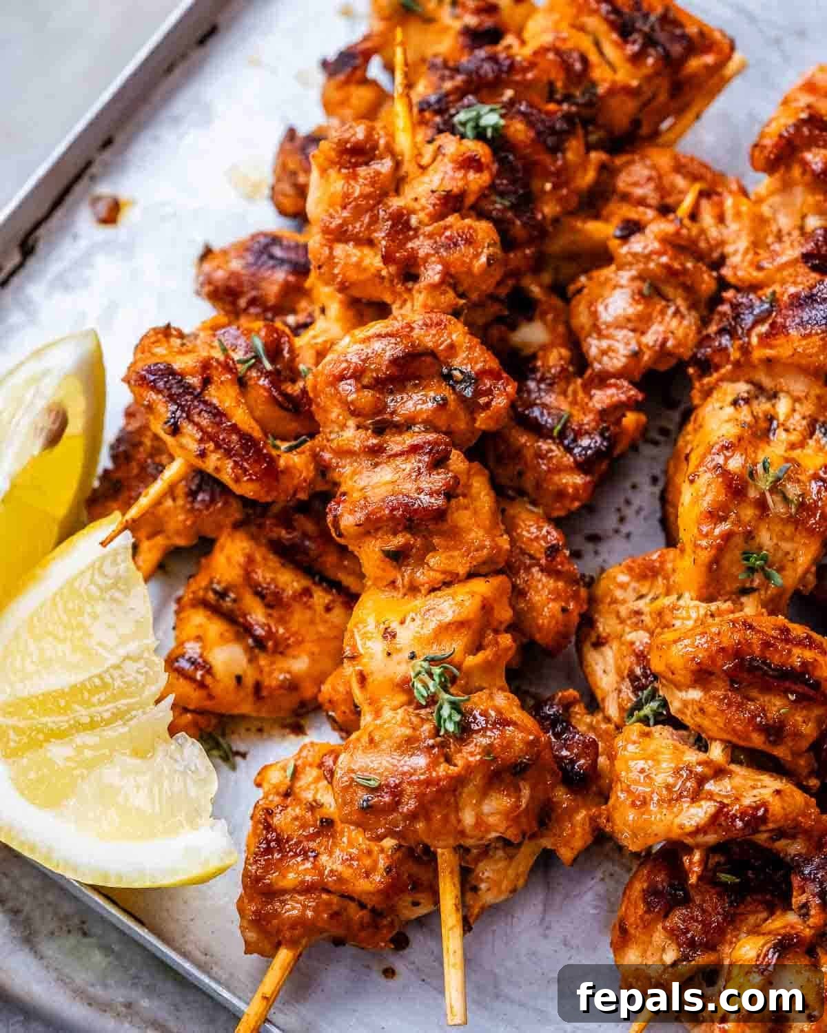 A close up of yogurt marinated chicken on skewers with lemon wedges.