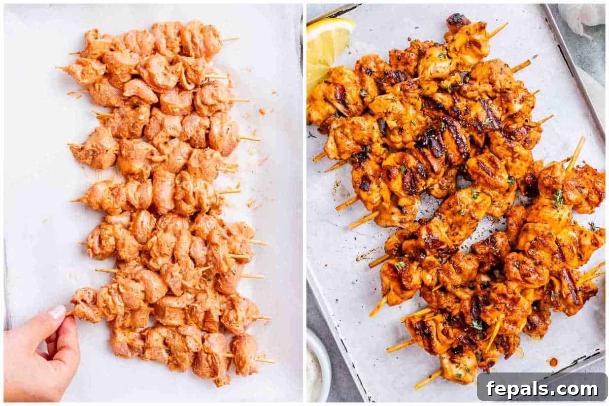 marinated chicken placed on skewers and grilled.